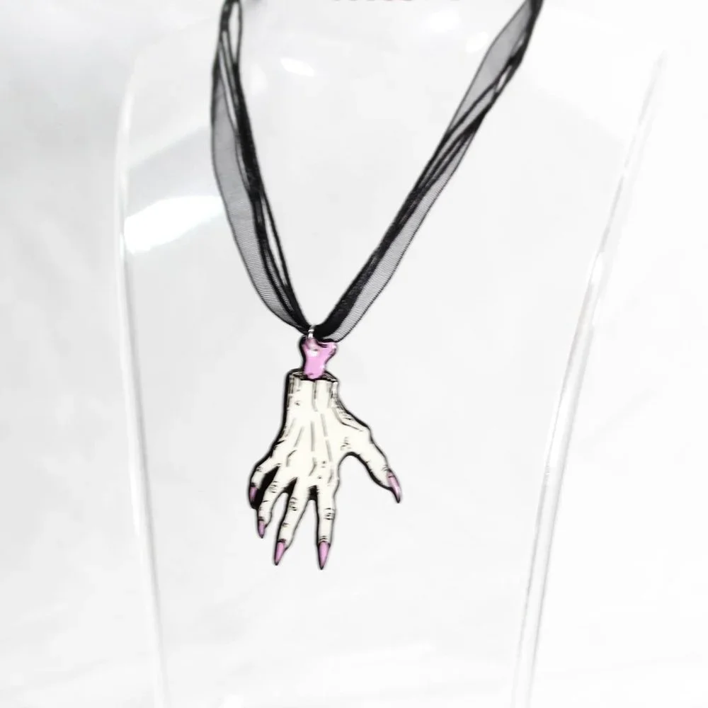Pastel Goth Hand Charm Black 3 Tier Ribbon Waxed Cord Necklace
